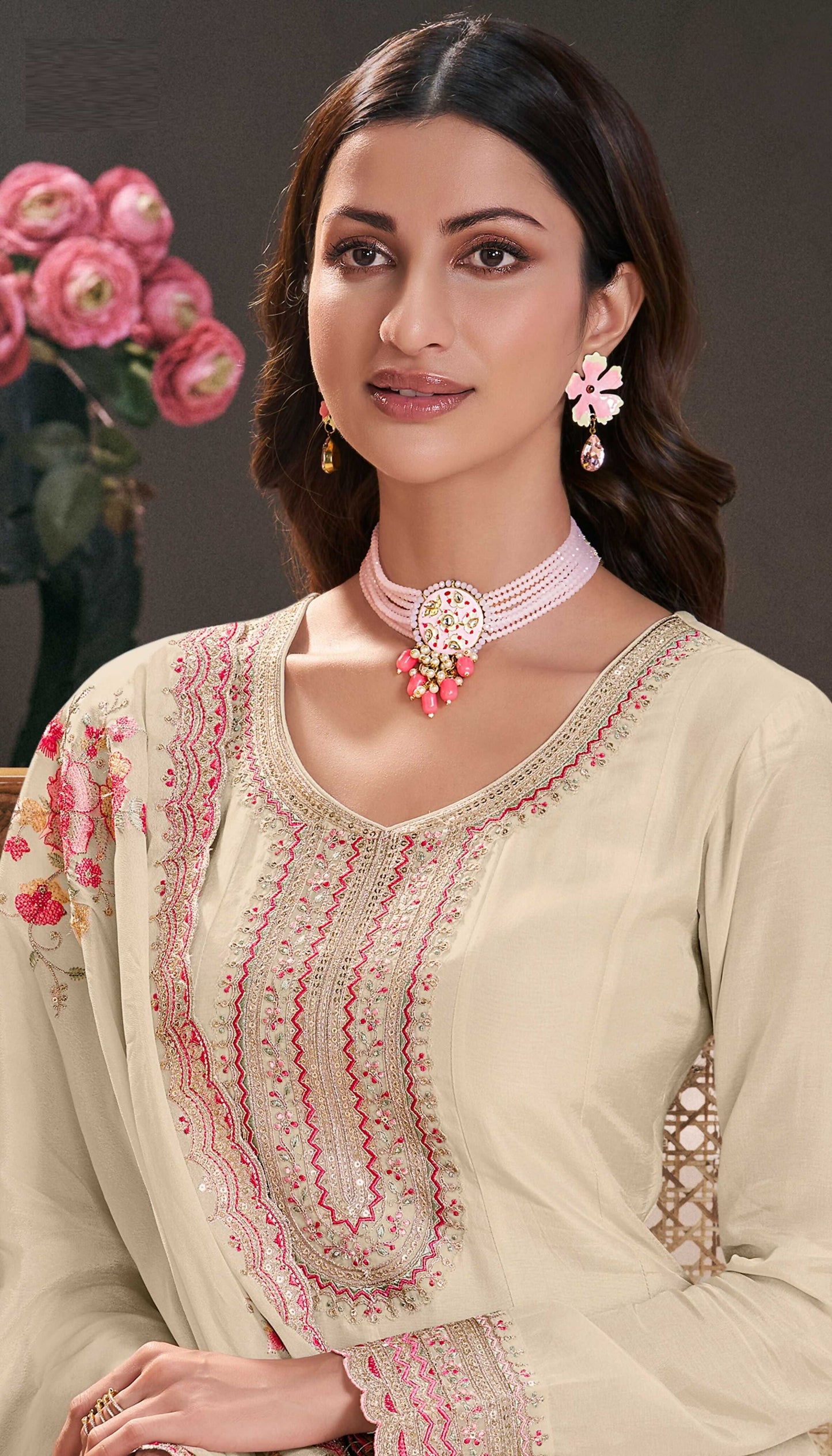 Anaita Cream Embroidered Work Silk Stitched Anarkali Suit