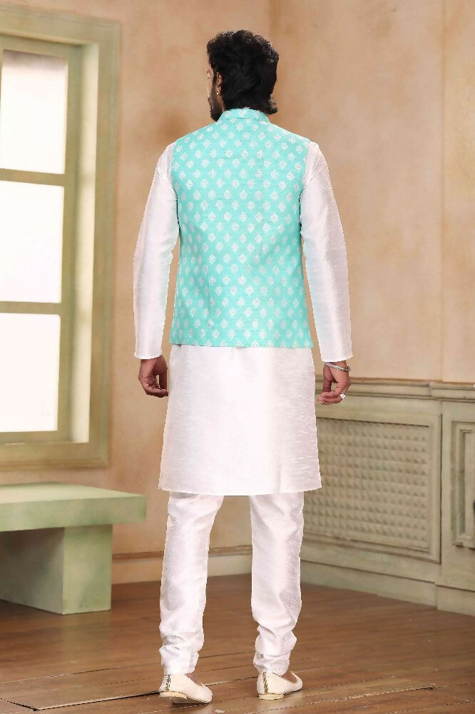Raivat Ethnic Jacquard Banarasi Silk Woven Work 3 Pics Jacket Set In Sky Blue Colour