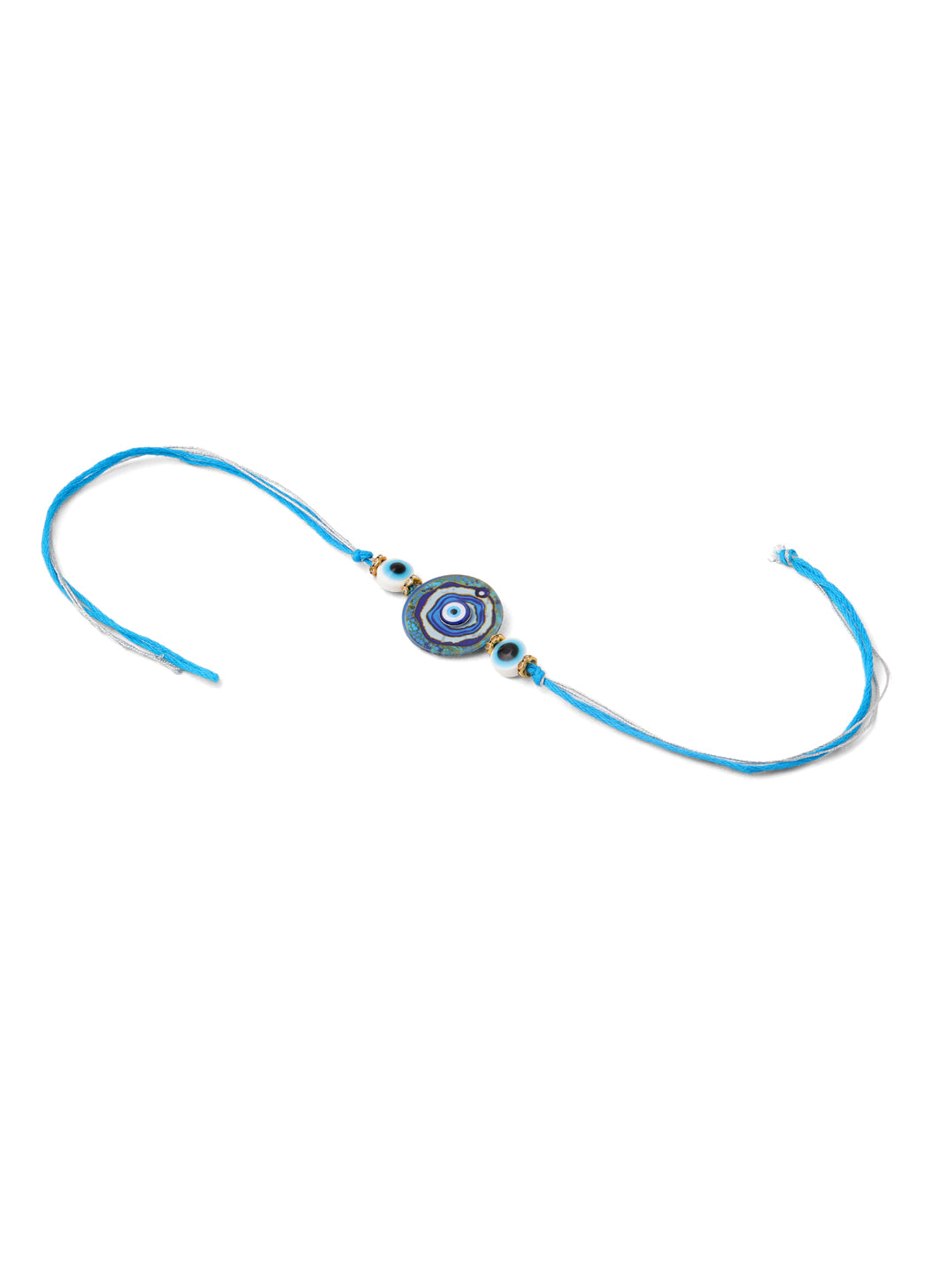 NVR Blue Evil Eye Artificial Beads Set of 2 Bhaiya Bhabhi Rakhi with Roli Chawal Chandan & Mishri