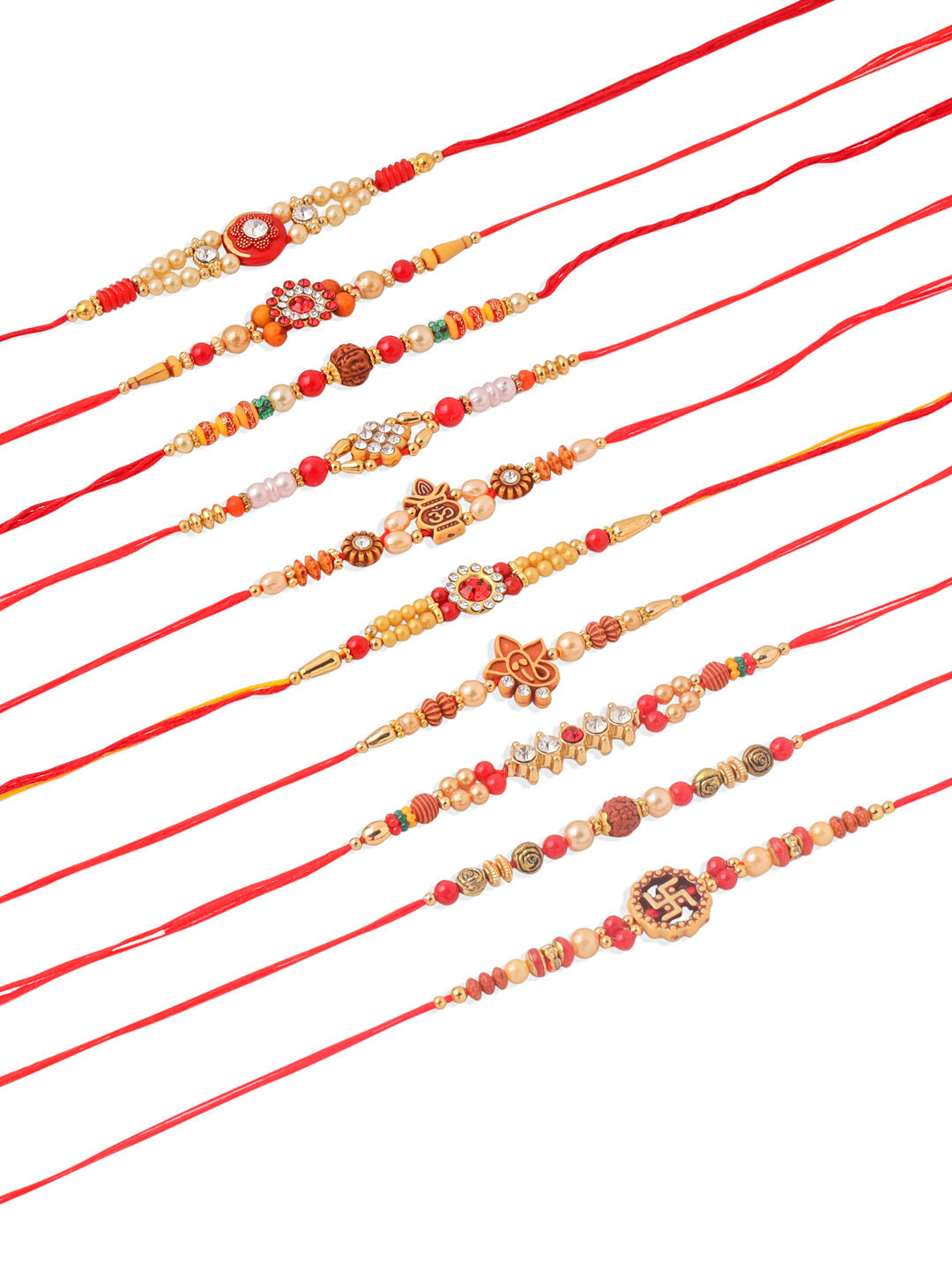 NVR Men Set of 10 Red Artificial Stones and Beads Rudraksh Thread Rakhi with Roli Chawal Chandan & Mishri