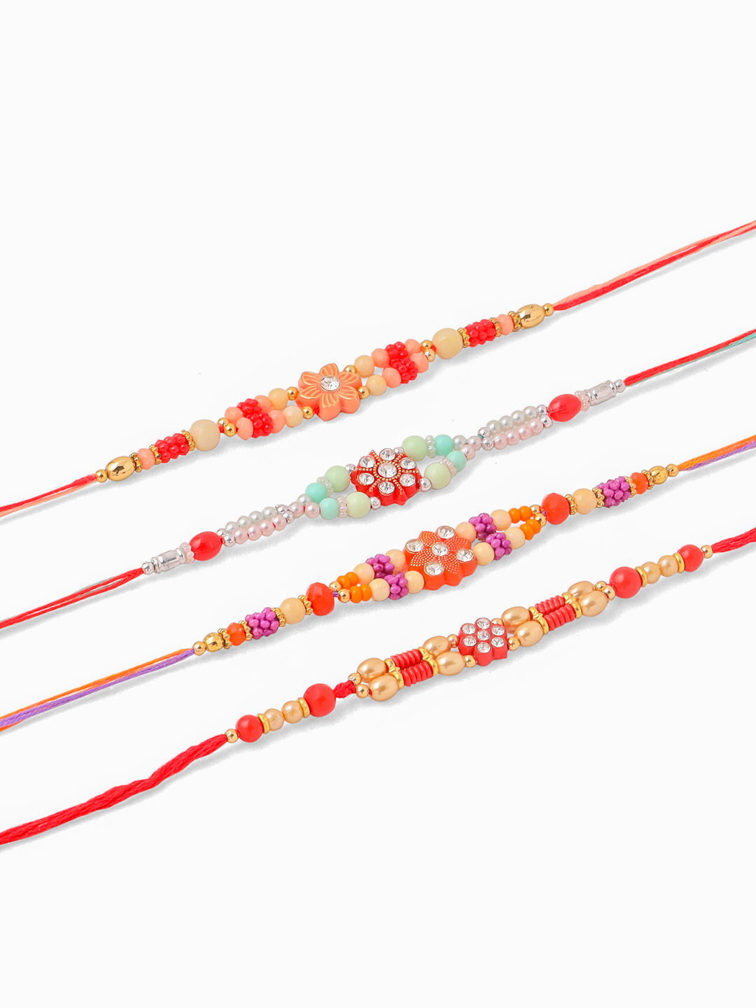 NVR Men Set of 4 Floral Design Multicolor Artificial Stones and Beads Thread Rakhi Combo