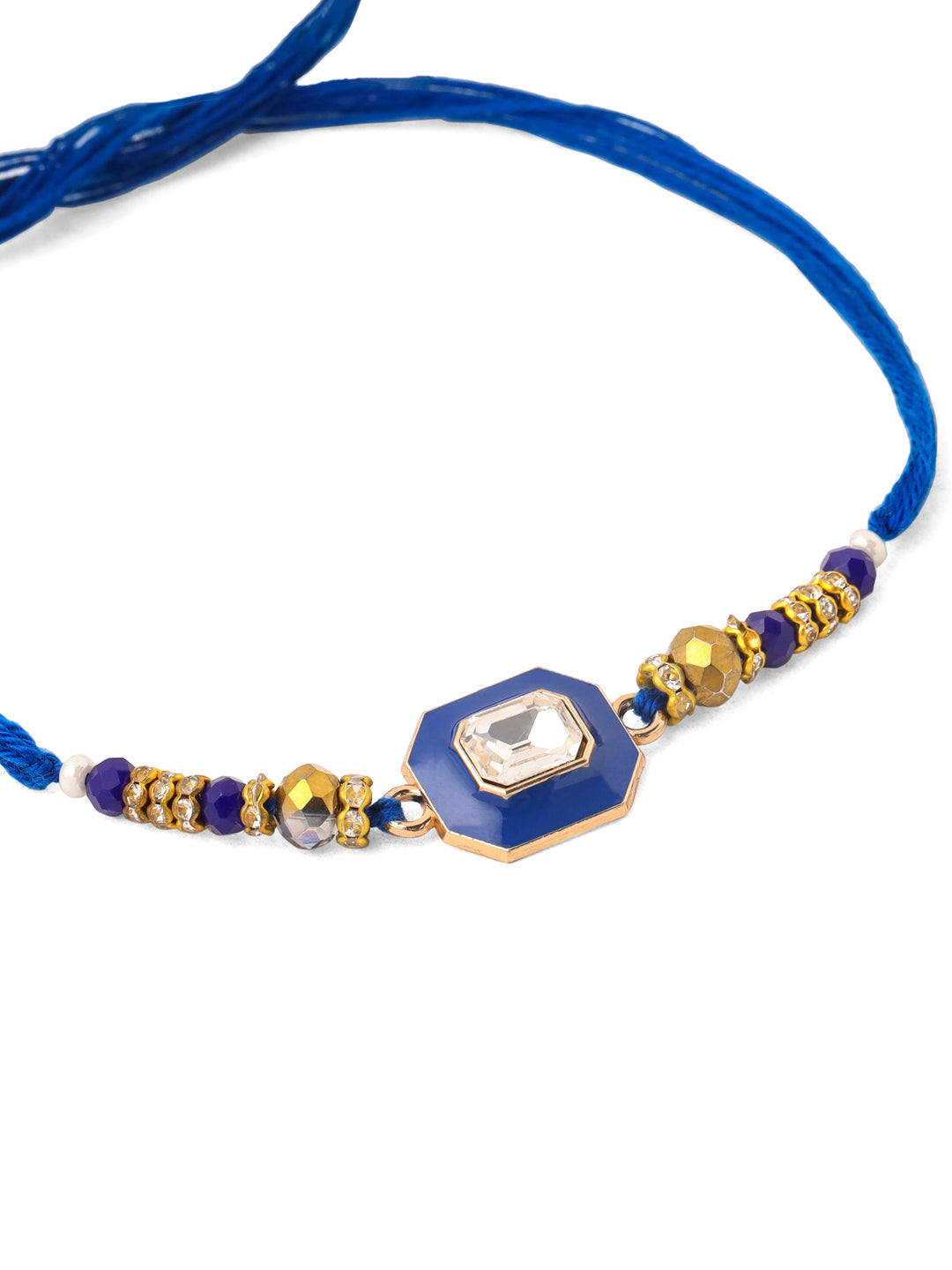 NVR Men Blue Artificial Stones Handmade Thread Rakhi with Roli Chawal Chandan & Mishri