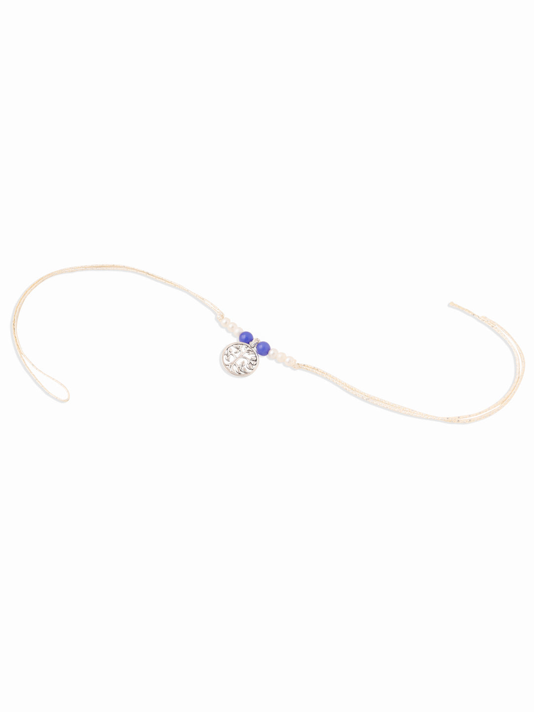 NVR Set of 2 Silver Toned Pearls & Beads Bhaiya Bhabhi Rakhi with Roli Chawal Chandan & Mishri
