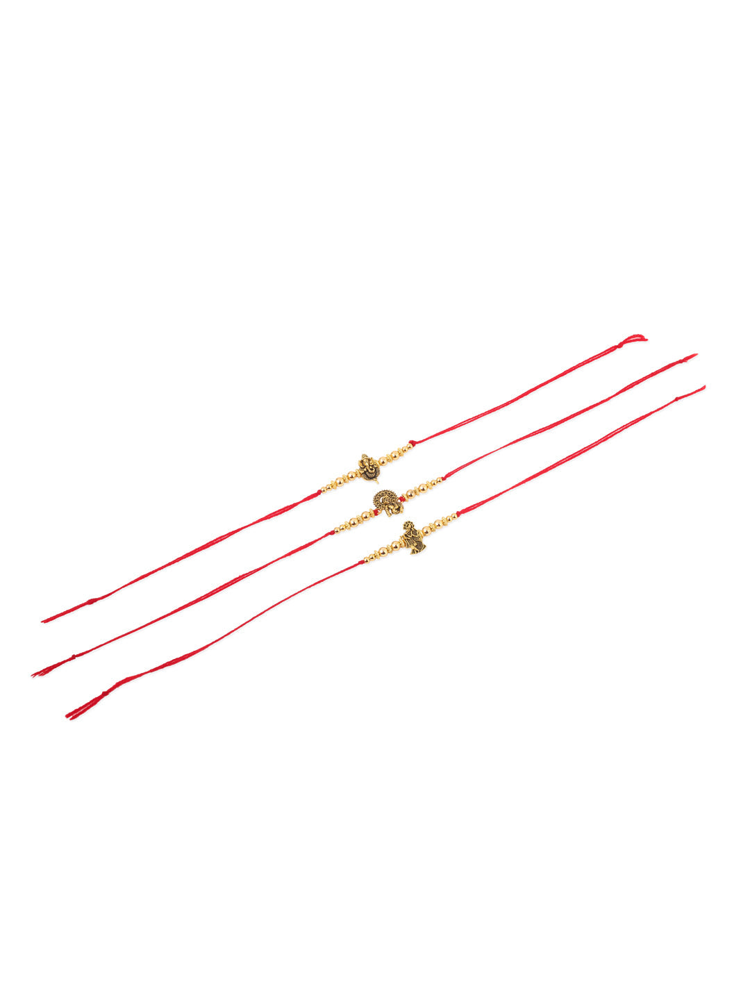 NVR Men Set of 3 Gold Toned Designer Ganesh Ji Thread Rakhi with Roli Chawal Chandan & Mishri