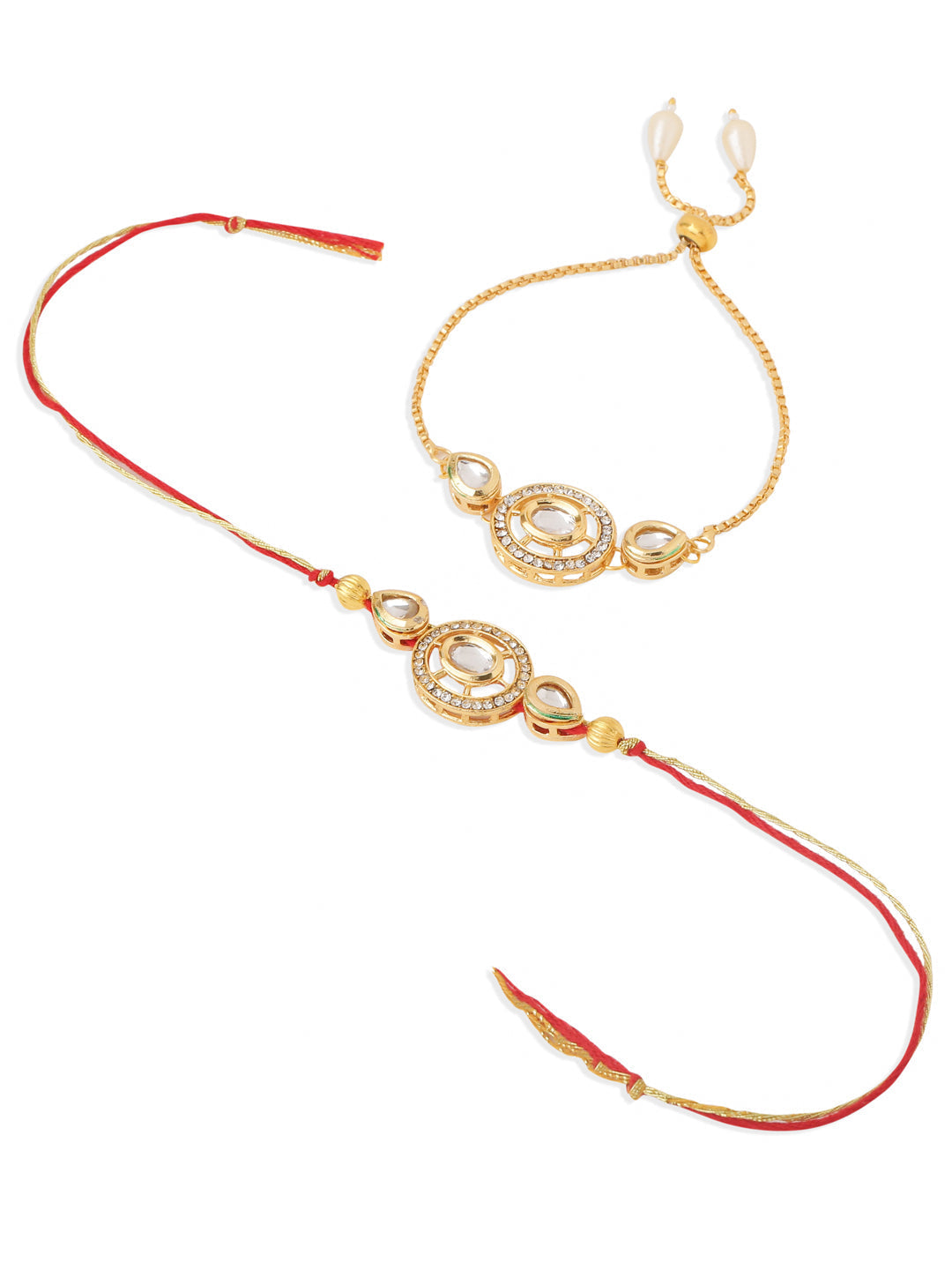 NVR Set of 2 Gold Toned Kundan Studded Bhaiya Bhabhi Rakhi Set, Combo for Rakshabandhan