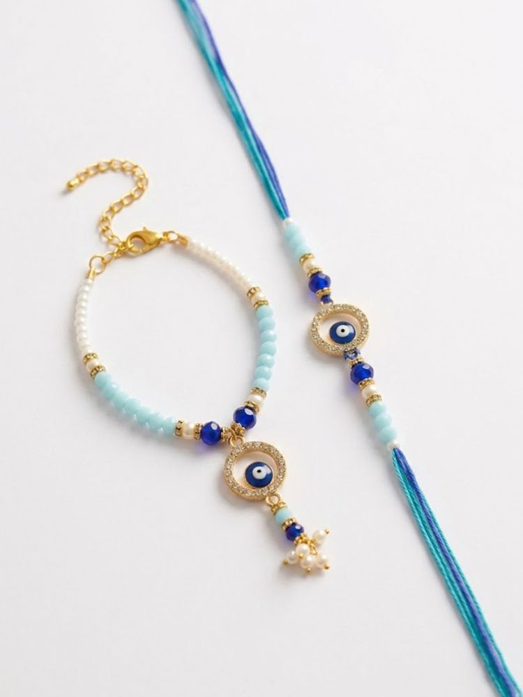 NVR Set of 2 Blue Evil Eye Gold Toned Beaded Bhaiya Bhabhi Rakhi with Roli Chawal Chandan