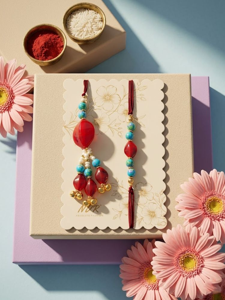 NVR Set of 2 Artificial Beads & Gold Toned Ghungroo Bhaiya Bhabhi Rakhi with Roli Chawal
