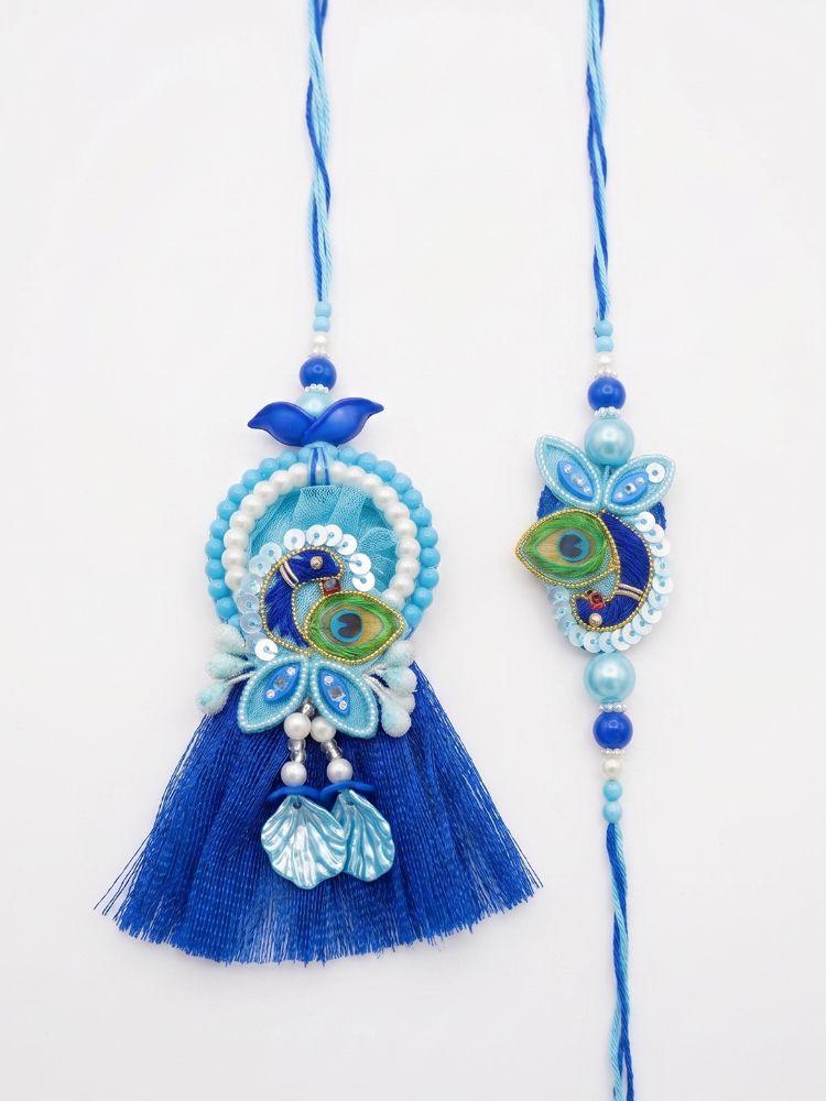 NVR Set of 2 Peacock Design Bhaiya Bhabhi Rakhi with Roli Chawal Chandan Mishri