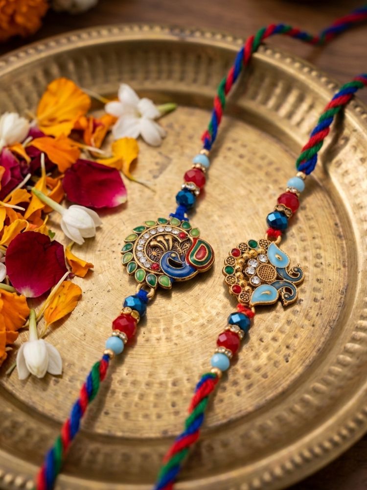 NVR Set of 2 Multicolor Artificial Stones & Beads Thread Rakhi with Roli Chawal Chandan