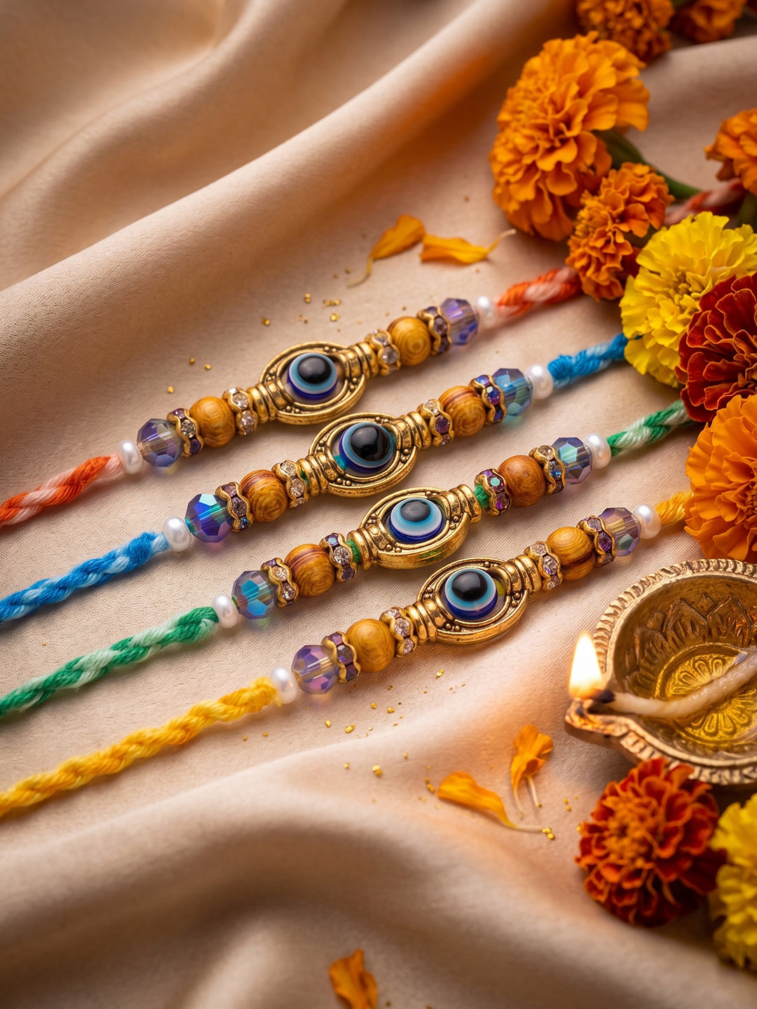 NVR Set of 4 Multicolor Evil Eye Thread Rakhi with Roli Chawal Chandan Mishri