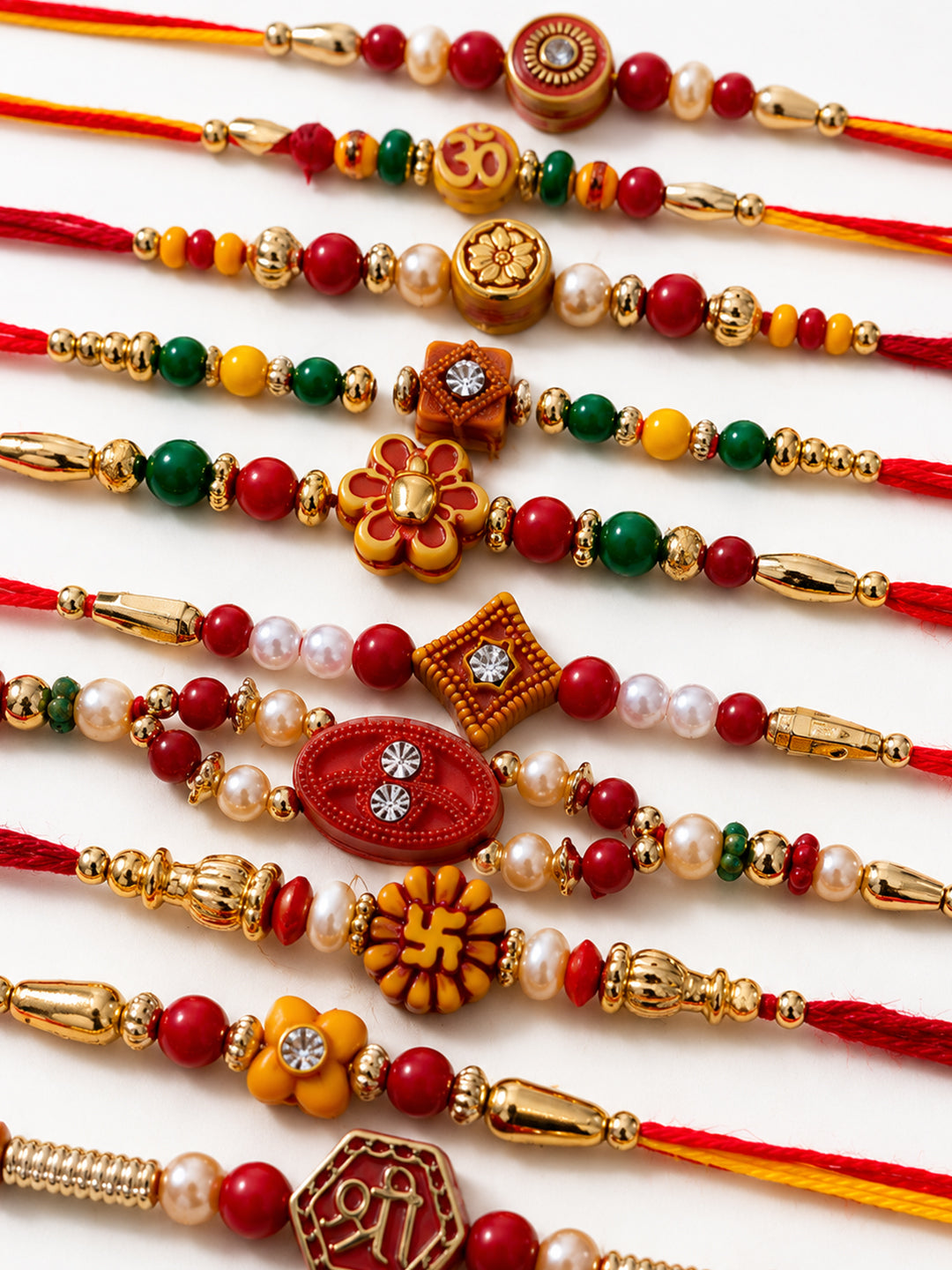 NVR Set of 10 Artificial Stones & Beads Thread Rakhi with Roli Chawal Chandan Mishri