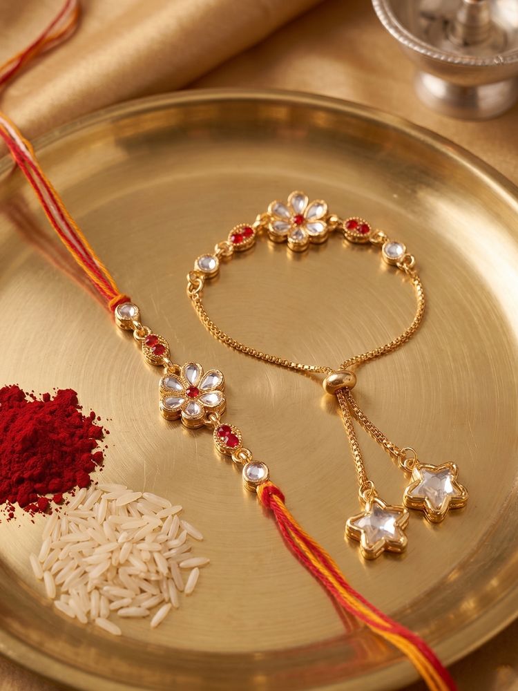 NVR Set of 2 Gold Toned Kundan Studded Bhaiya Bhabhi Rakhi with Roli Chawal Chandan Mishri