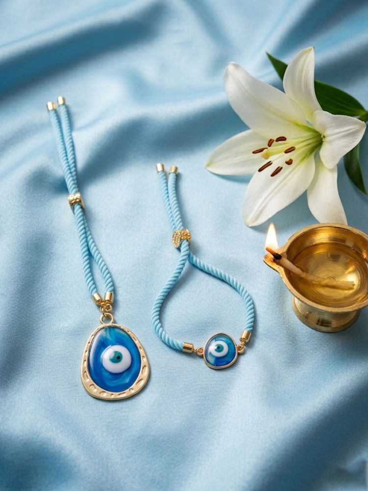 NVR Set of 2 Blue Evil Eye Bhaiya Bhabhi Wraparound Rakhi with Roli Chawal Chandan Mishri