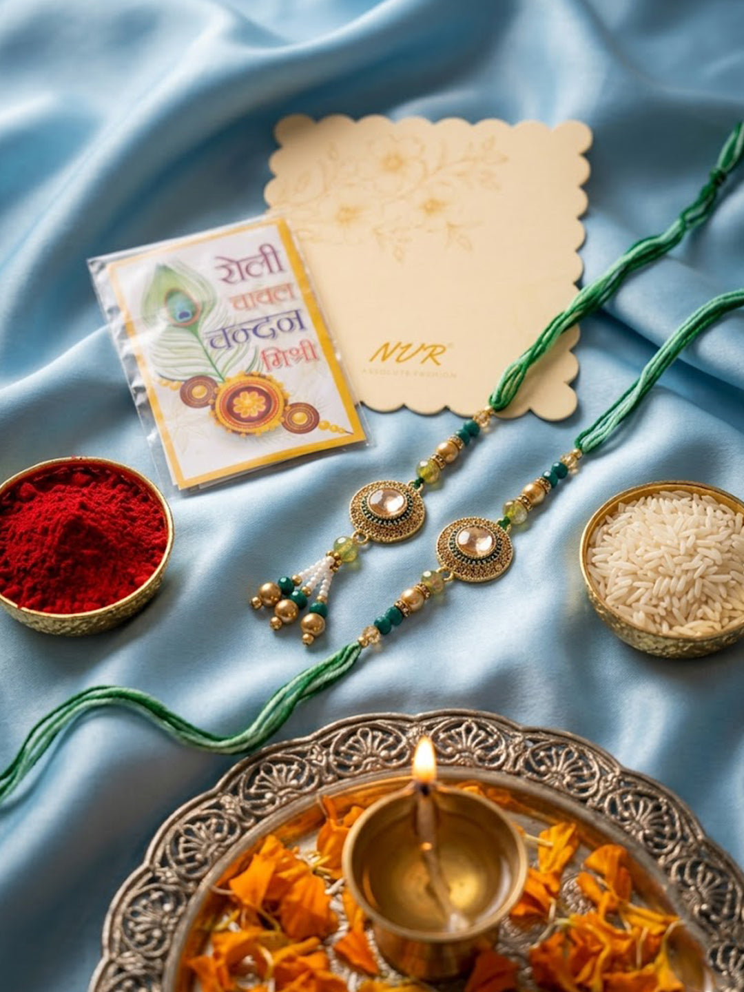 NVR Set of 2 AD Drawstring Bhaiya Bhabhi Rakhi With Roli Chawal Chandan Mishri