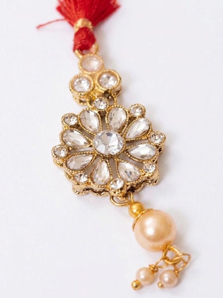 NVR Set of 2 Red Kundan Studded Floral Design Bhaiya Bhabhi Rakhi With Roli Chawal
