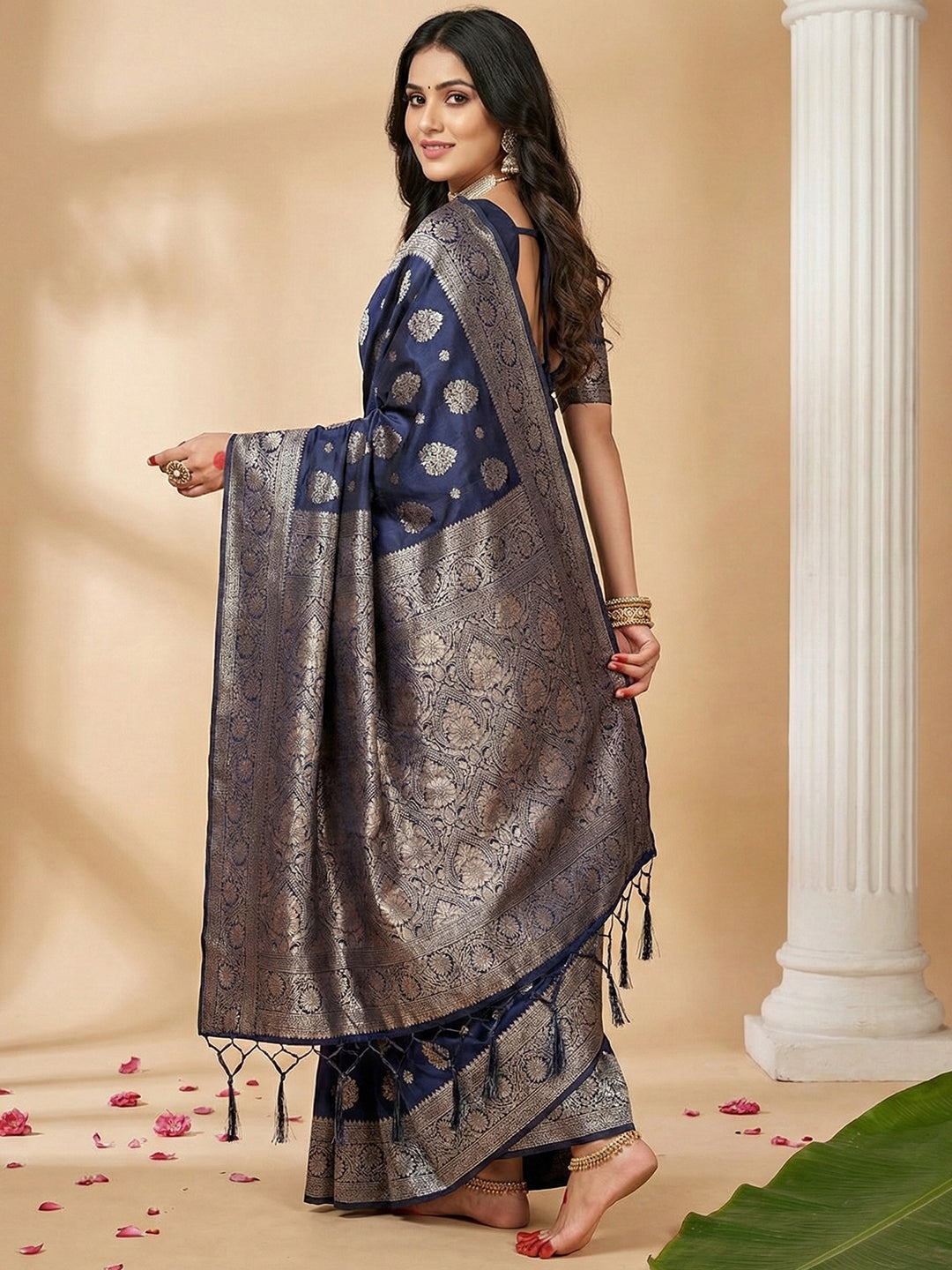 Anaita Navy Silk Blend Woven Saree With Blouse