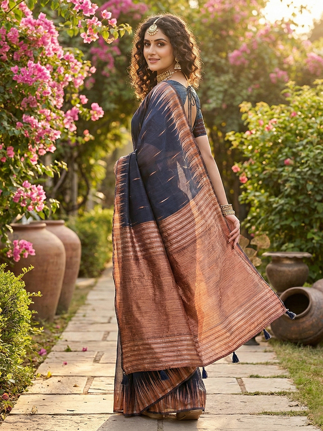 Anaita Navy Linen Woven Work Saree With Blouse
