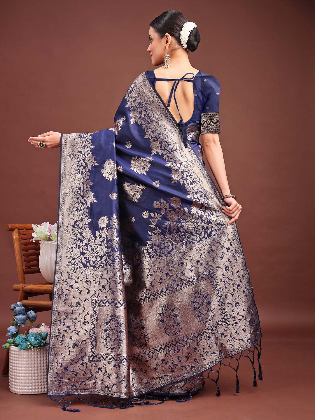 Anaita Navy Banarasi Silk Woven Work Saree With Blouse