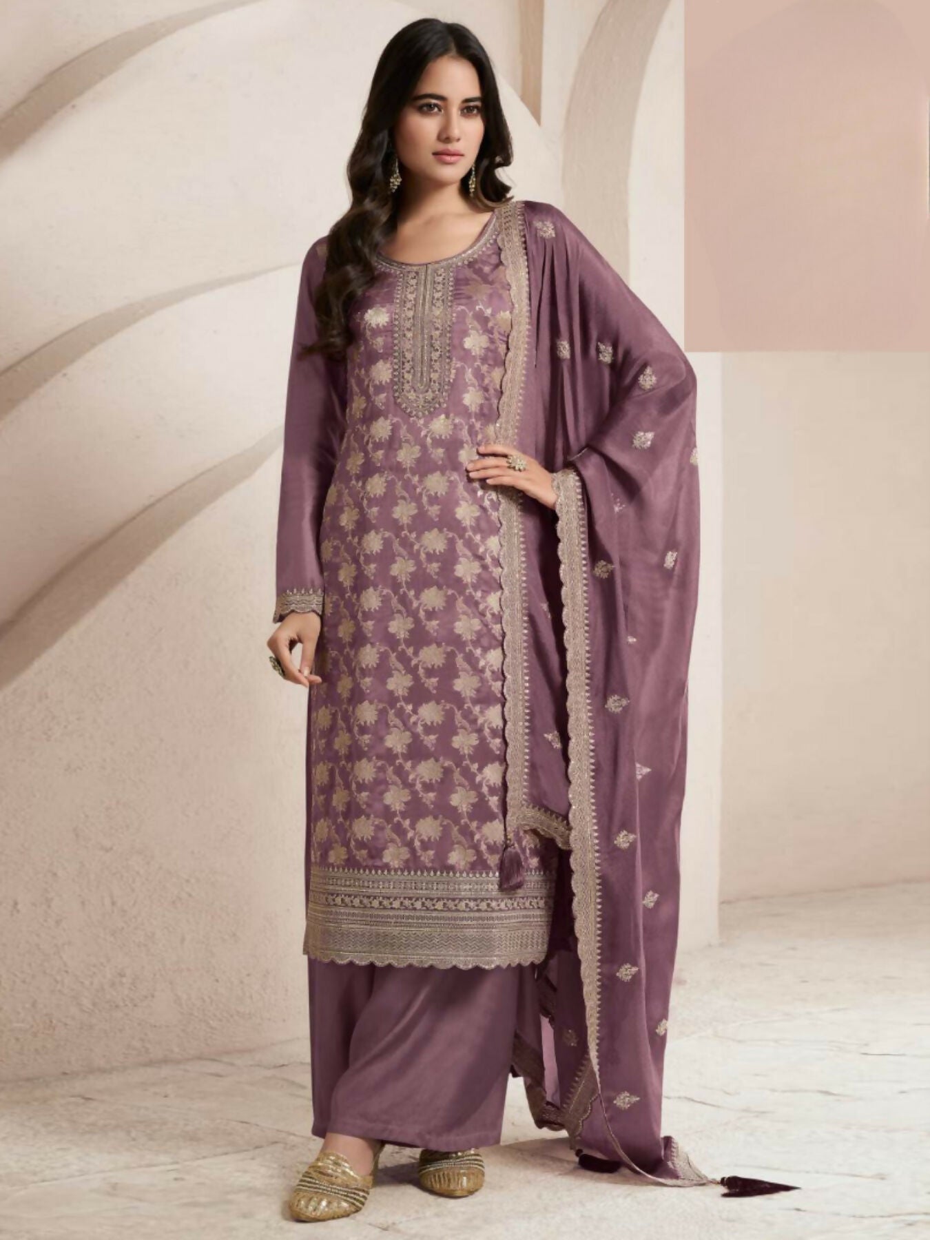 Anaita Purple Viscose Muslin Stitched Suit with Sequence & Zari Work