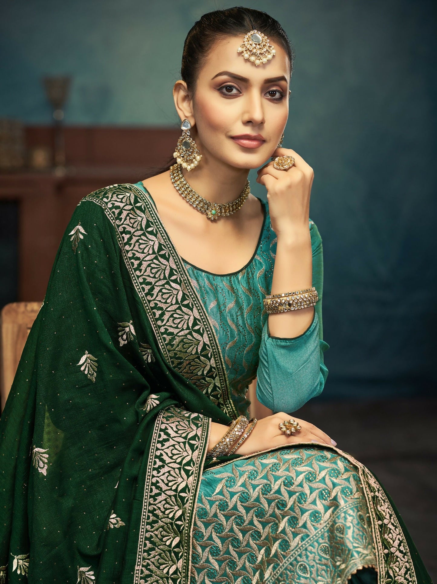 Anaita Light Green Premium Embroidered with servos waki diamond Vichitra Silk Stitched Salwar Suit