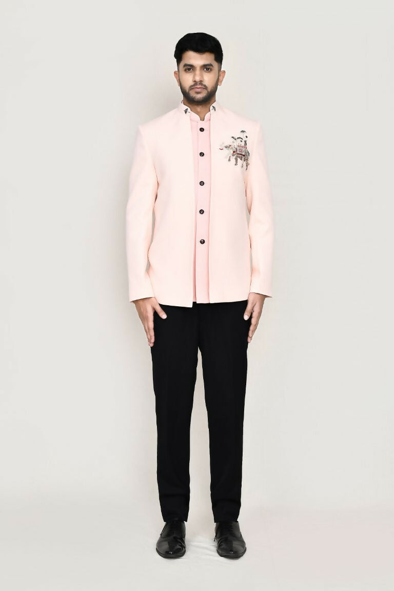 Joban Fashion Peach Colored Imported Polyester Fabric Open Prince Coat, Jacket With Pant