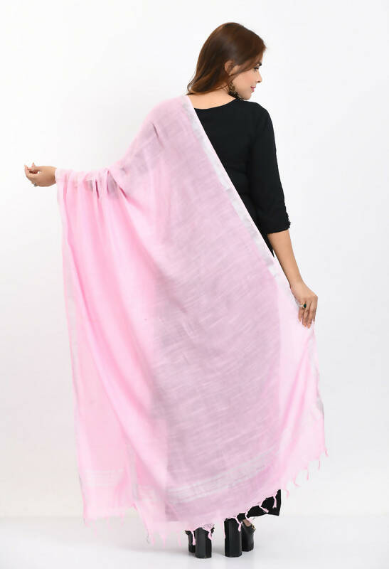 Mominos Fashion Moeza Women's Linen Cotton Silver Border Baby Pink Dupatta