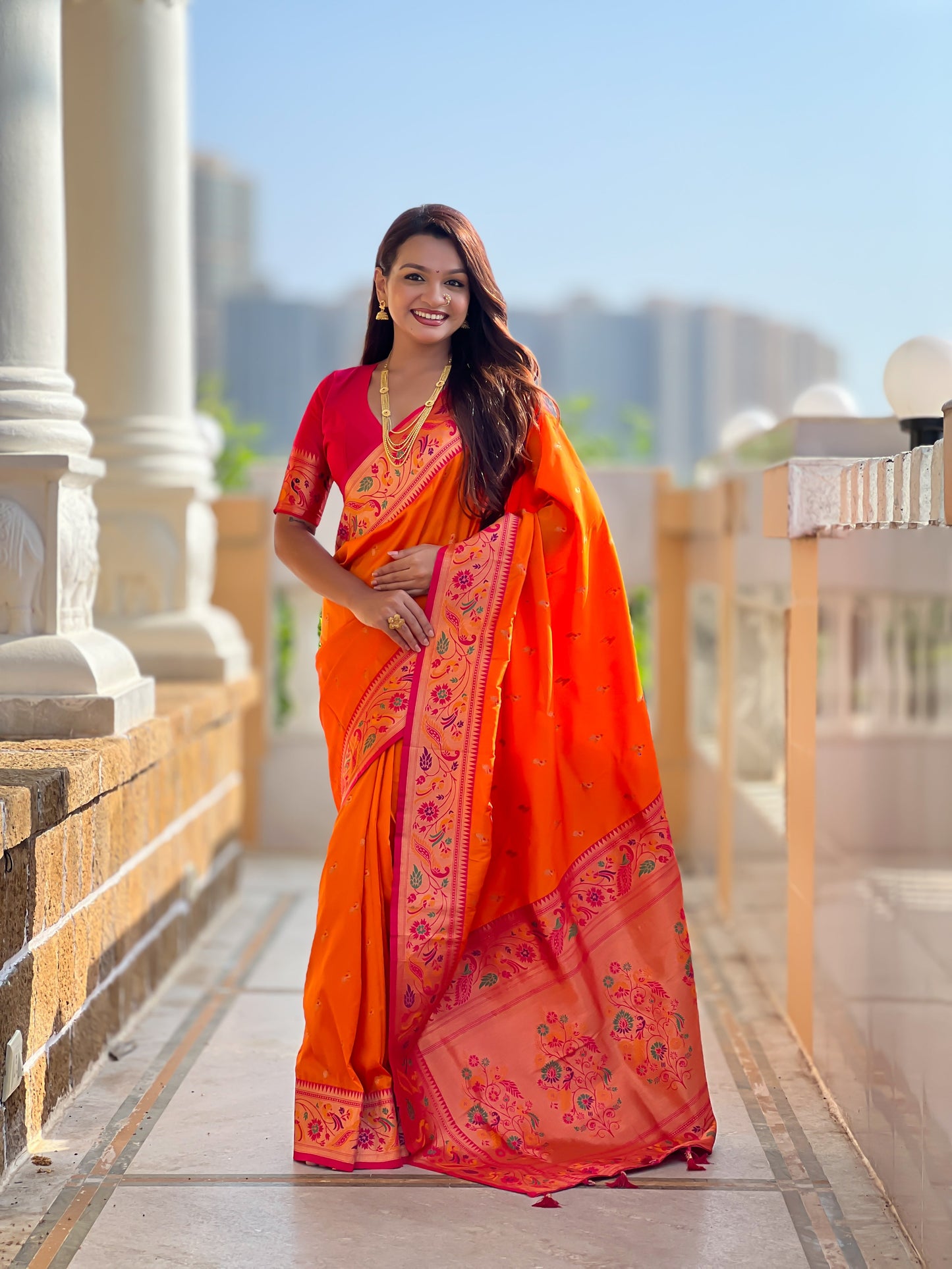 Mameraa Sarees Orange Faux Banarasi Silk Saree With Paithani Rich Weaved Pallu And Blouse-Orange