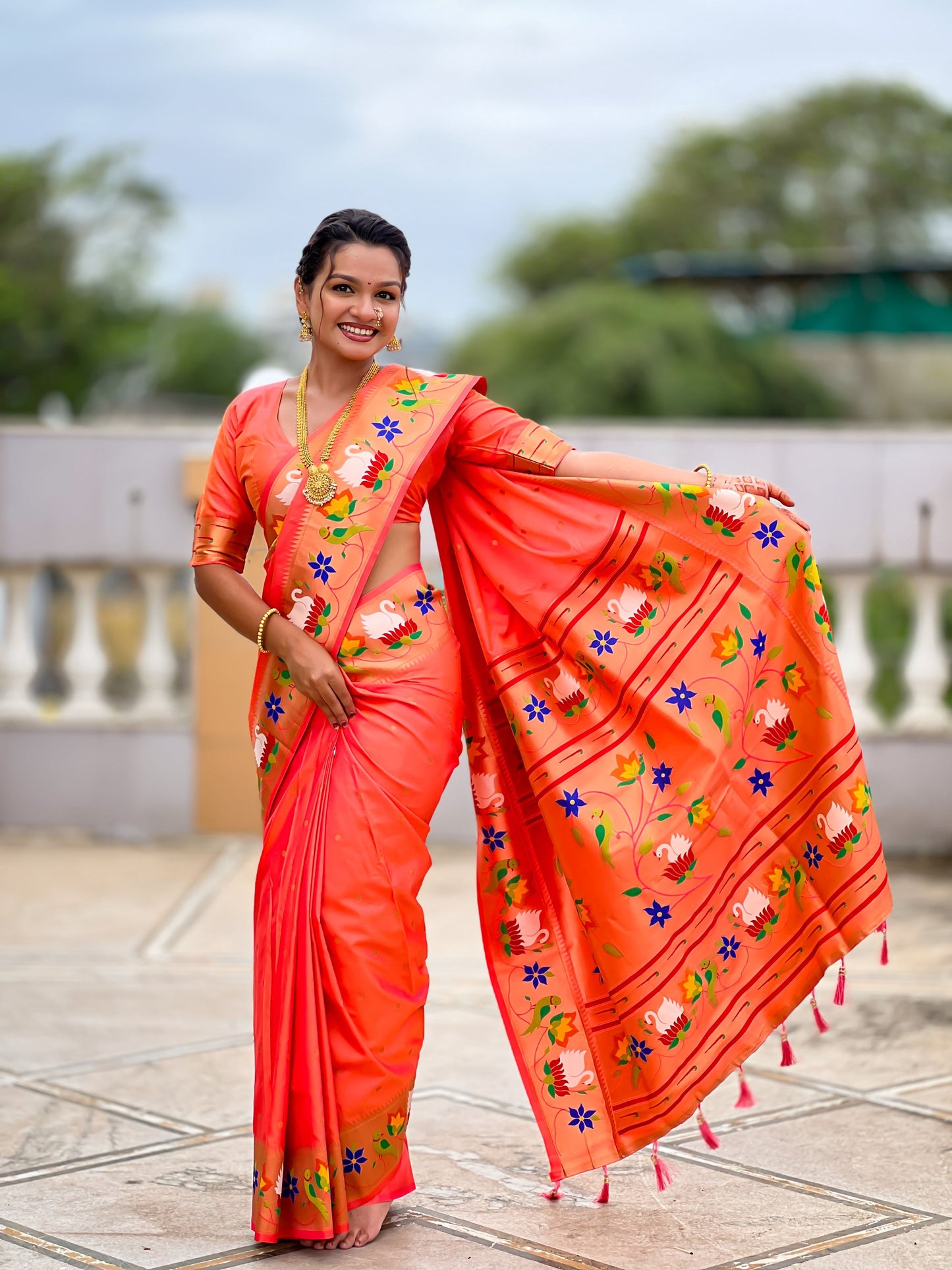 Mameraa Sarees Orange Faux Banarasi Silk Saree With Paithani Rich Weaved Pallu And Blouse-Orange
