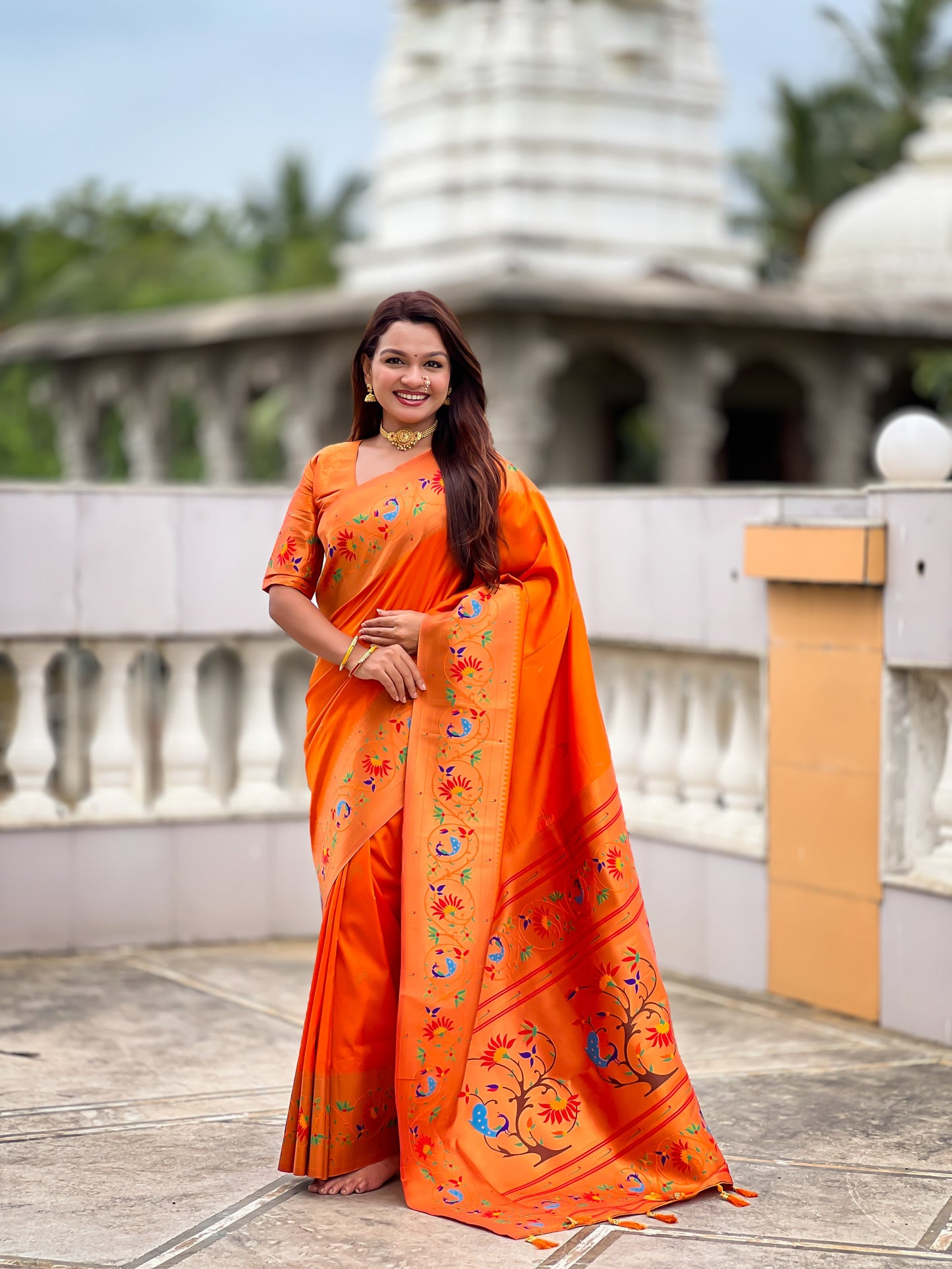 Mameraa Sarees Orange Faux Banarasi Silk Saree With Paithani Rich Weaved Pallu And Blouse-Orange