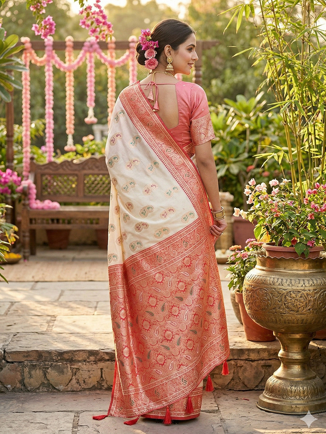 Anaita Off White Silk Blend Woven Saree With Blouse