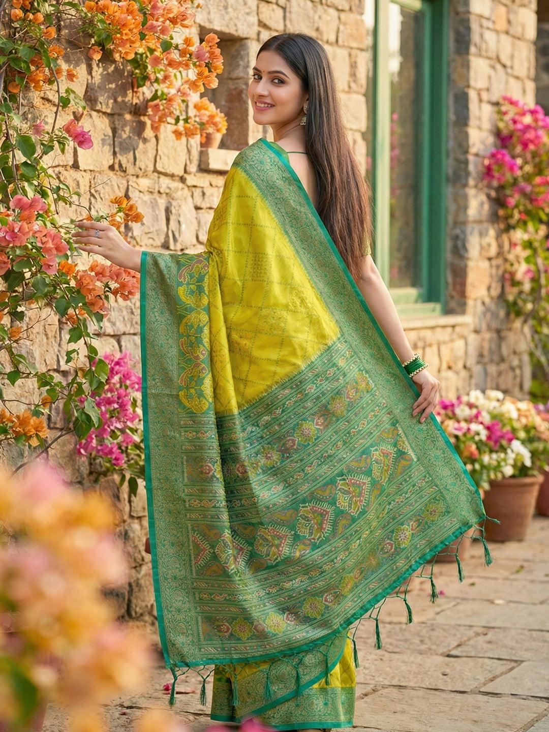 Anaita Olive Pochampally Printed Saree With Blouse