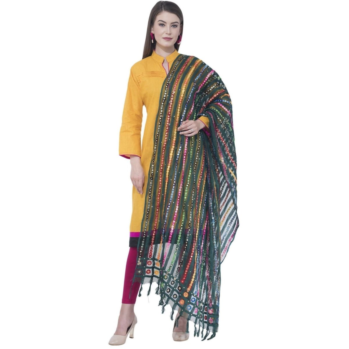 A R Silk Women's Multi Thread Work Orgenza Cotton Bottle Green Dupattas and Chunnis