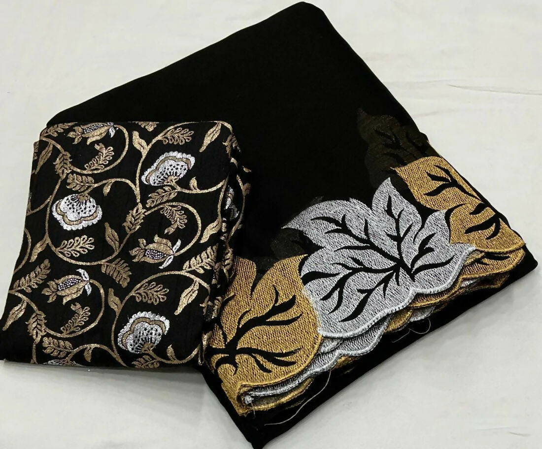 Vastranavya Satin Chiffon Silk Beautiful Designer Zari Thread Embroidery work of Leaf Design with Cutwork Border Saree with Blouse Material - Black