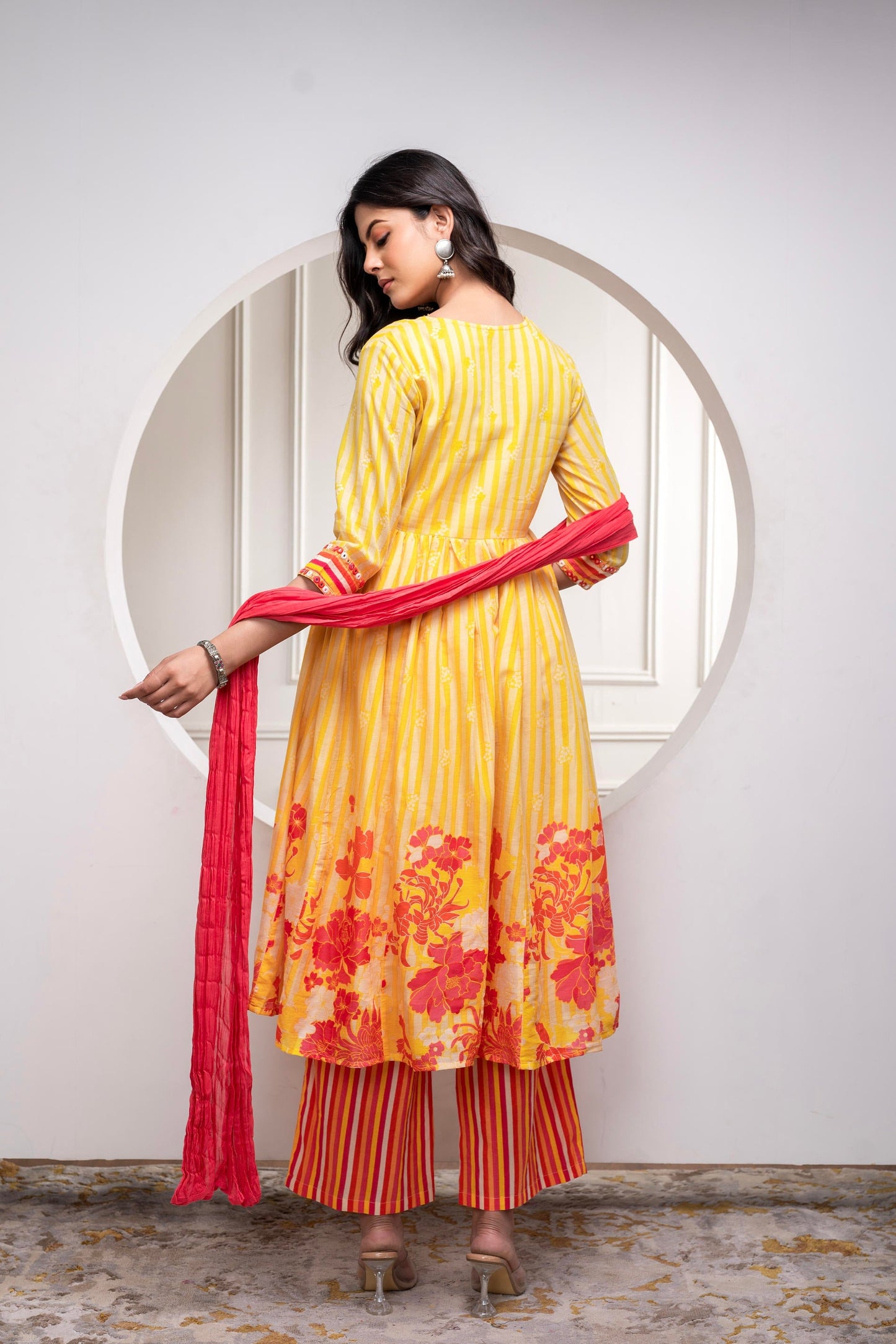 Juniper Mustard Cotton Kurta Pant & Chiffon Dupatta Set with Embroidered Floral Thread & Mirror Work