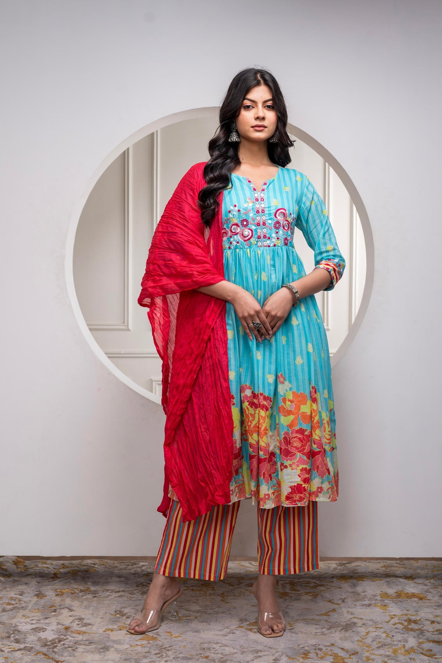 Juniper Sky Blue Cotton Kurta Pant & Chiffon Dupatta Set With Embroidered Floral Thread & Mirror Work