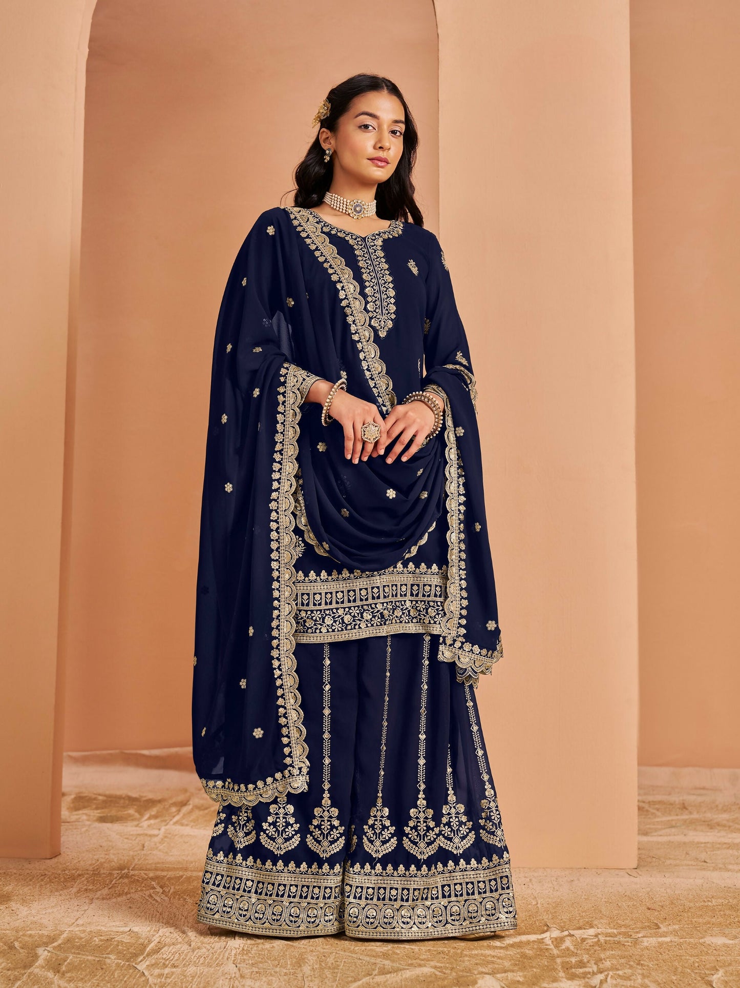 Anaita Navy Blue Premium Georgette Embroidered Stitched Salwar Suit