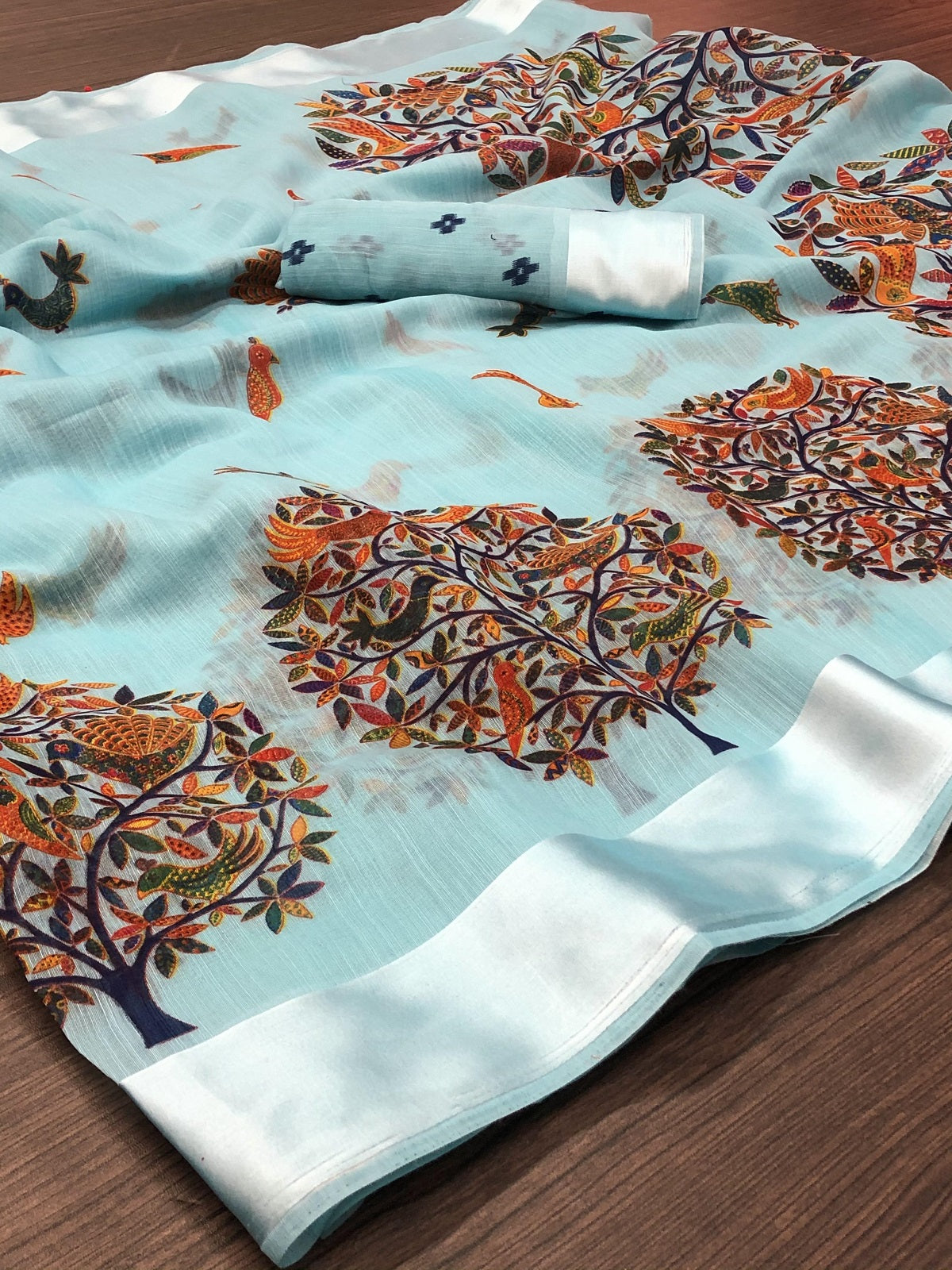 Vamika Linen Satin Border Sky Blue Bollywood Style Saree