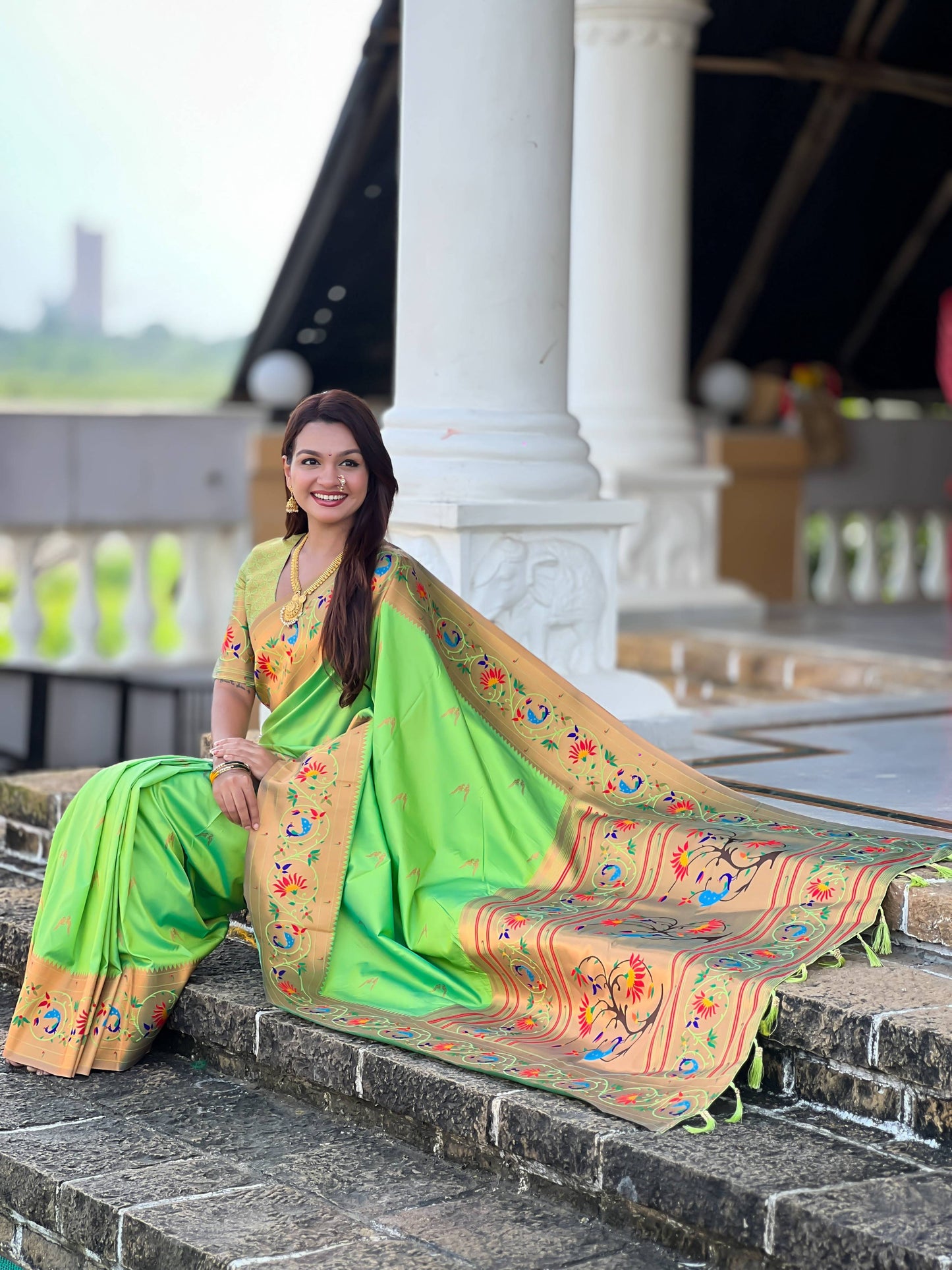 Mameraa Sarees Parrot Green Faux Banarasi Silk Saree With Paithani Rich Weaved Pallu And Blouse-Parrot_Green