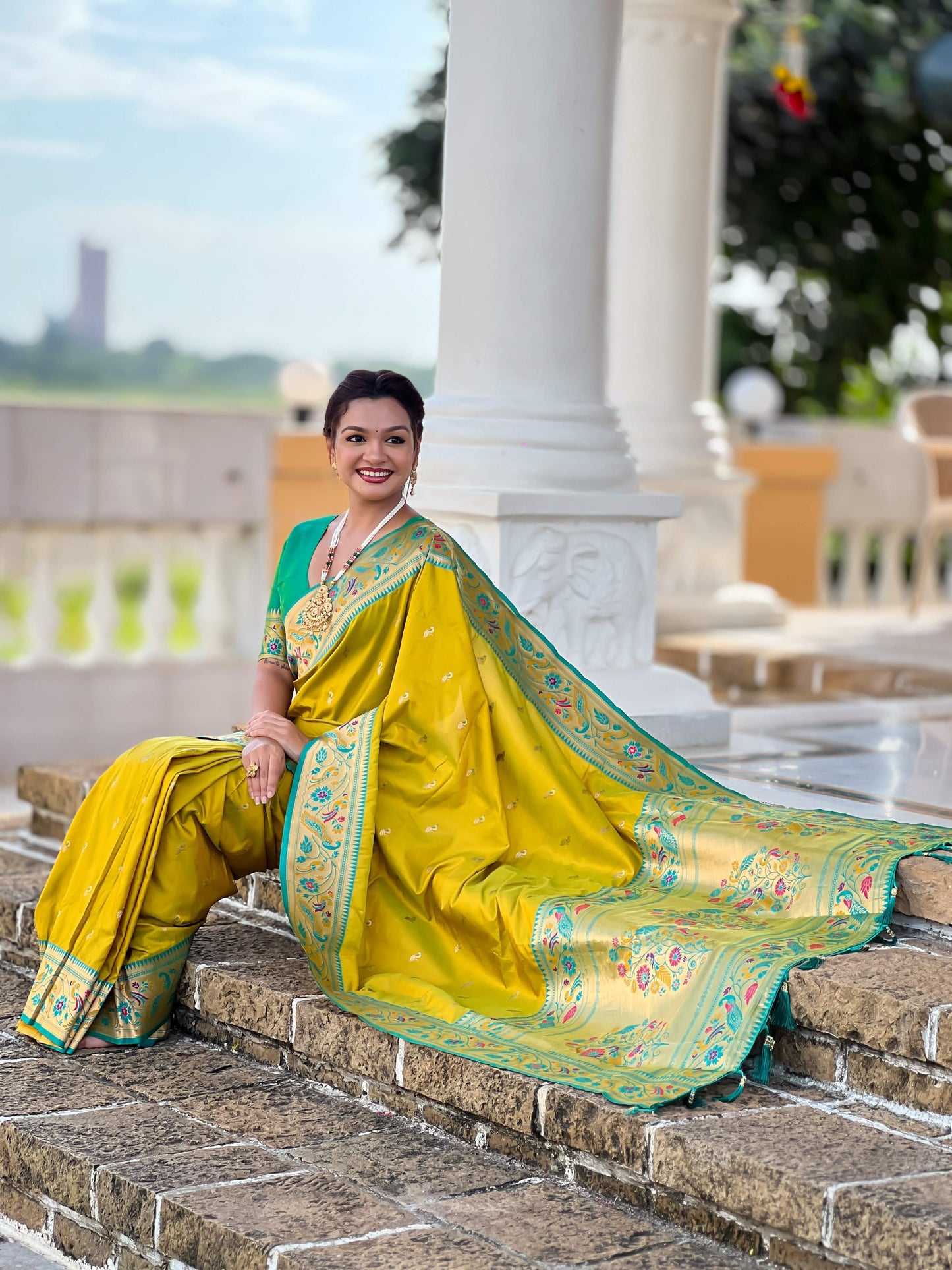 Mameraa Sarees Parrot Green Faux Banarasi Silk Saree With Paithani Rich Weaved Pallu And Blouse-Parrot_Green