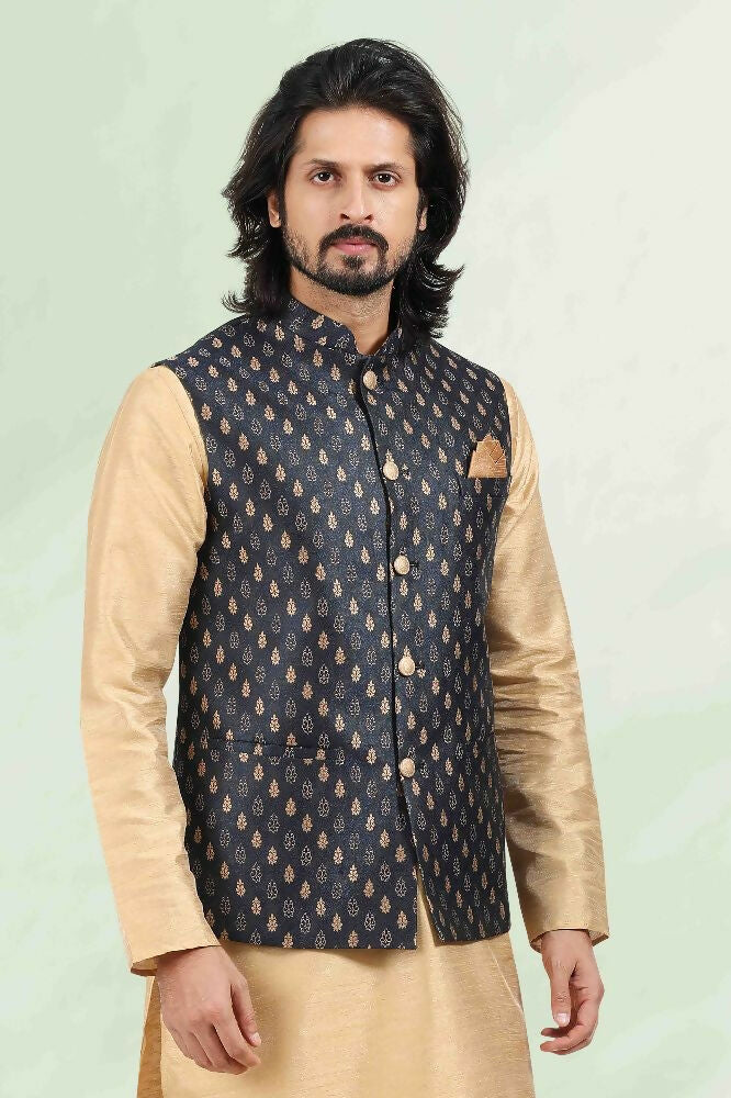 Raivat Ethnic Jacquard Banarasi Silk Woven Work 3 Pics Jacket Set In Blue Colour