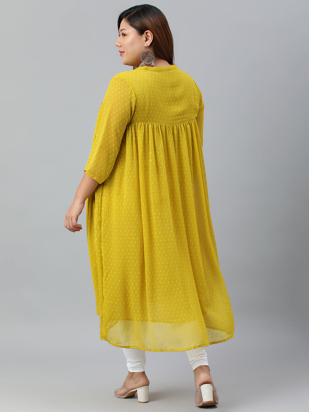 Janasya Women's Mustard Poly Chiffon Self Design Casual Flared kurta