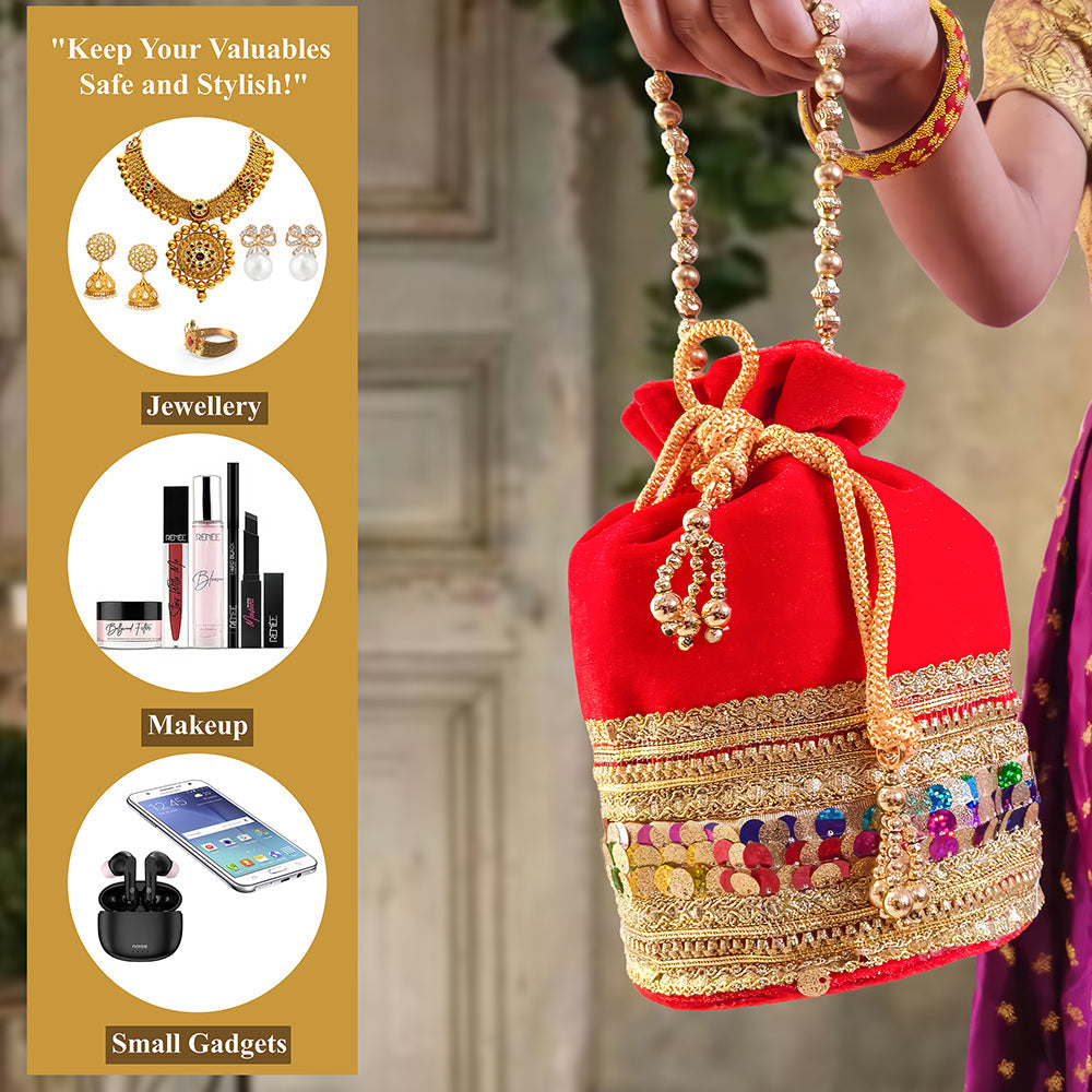 JS Fashion Silk Designer Potli Bag with Golden Embroidery & Pearl Handle