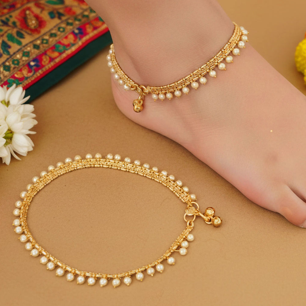 JS Fashion High Gold Fancy Pearl Anklet for Women & Girls