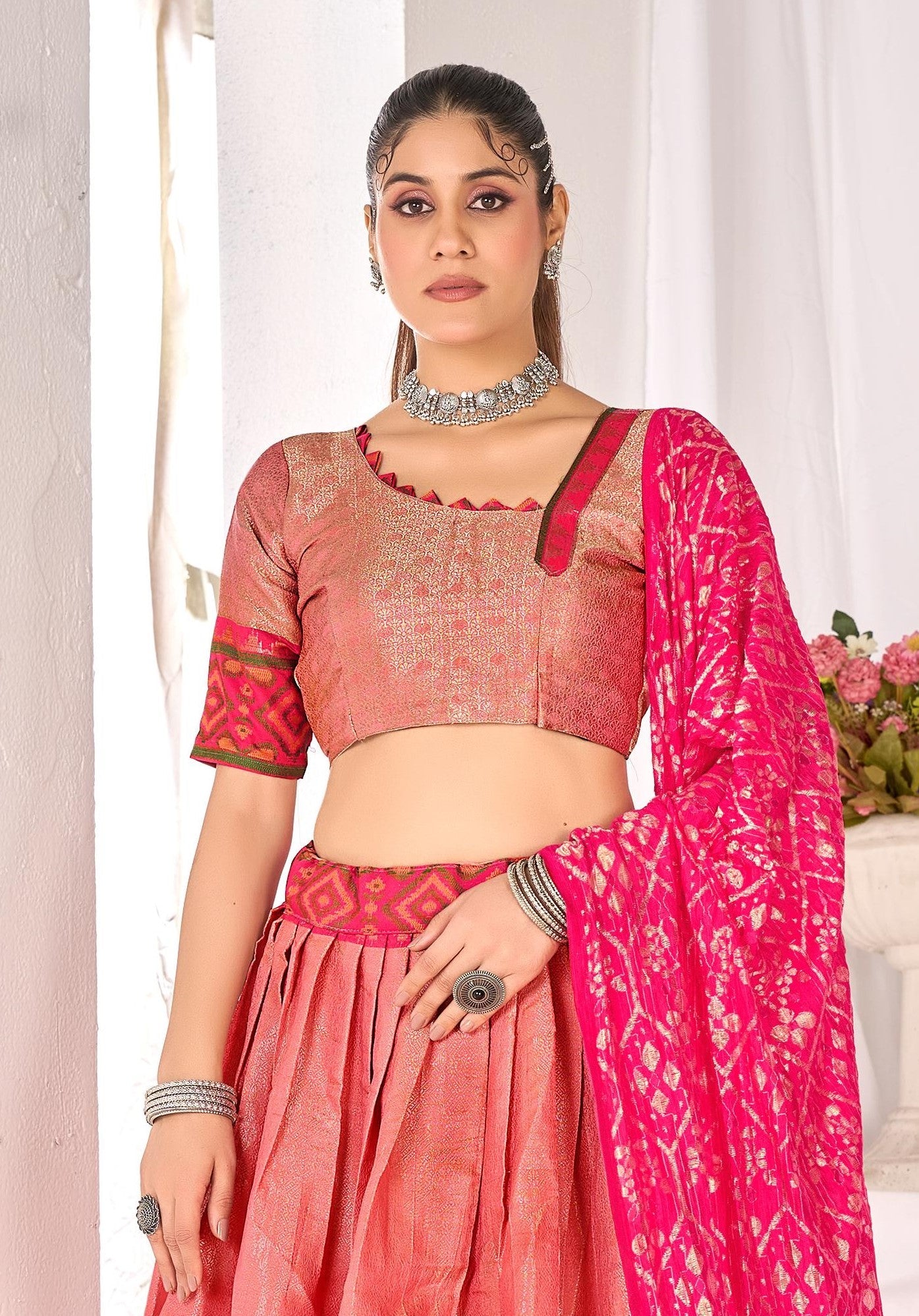 Anaita Peach Weaving Work Silk Lehenga Choli