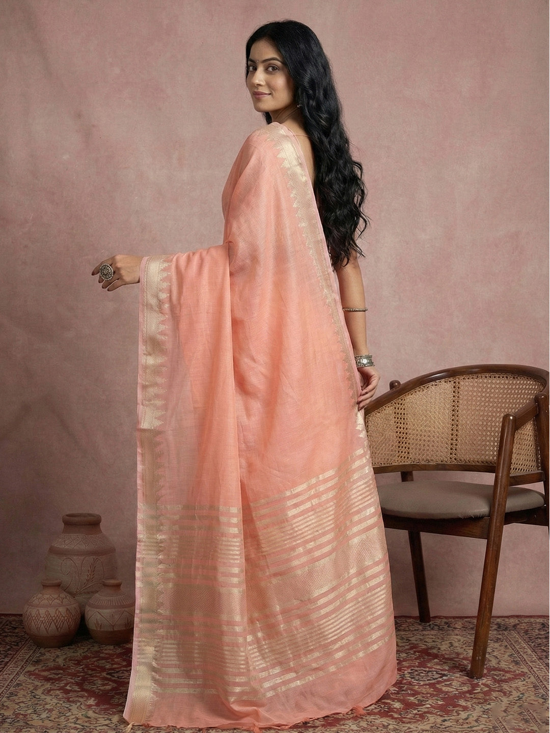 Anaita Peach Cotton Saree With Blouse