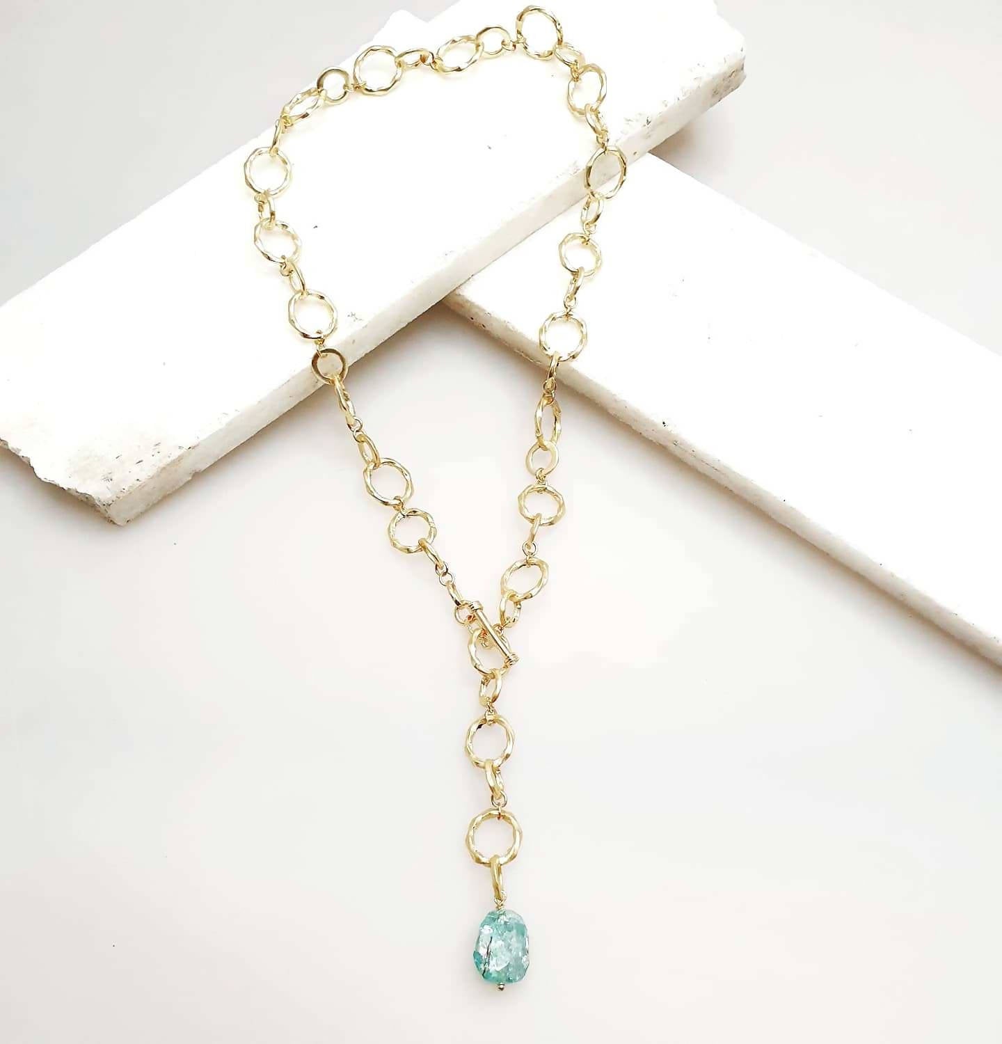 Bling Accessories Aqua Natural Stone Link T Bar Necklace