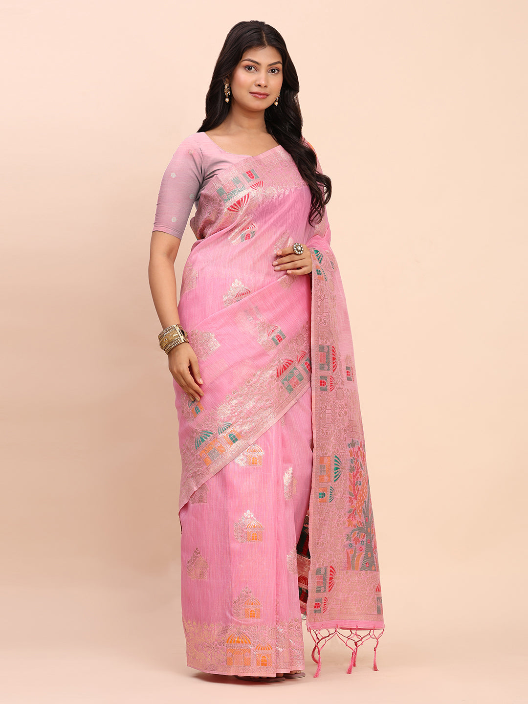 Anaita Pink Linen Woven Work Saree With Blouse