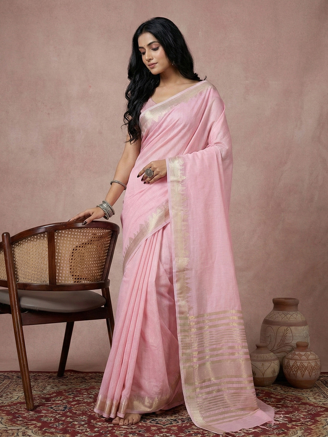 Anaita Pink Cotton Saree With Blouse