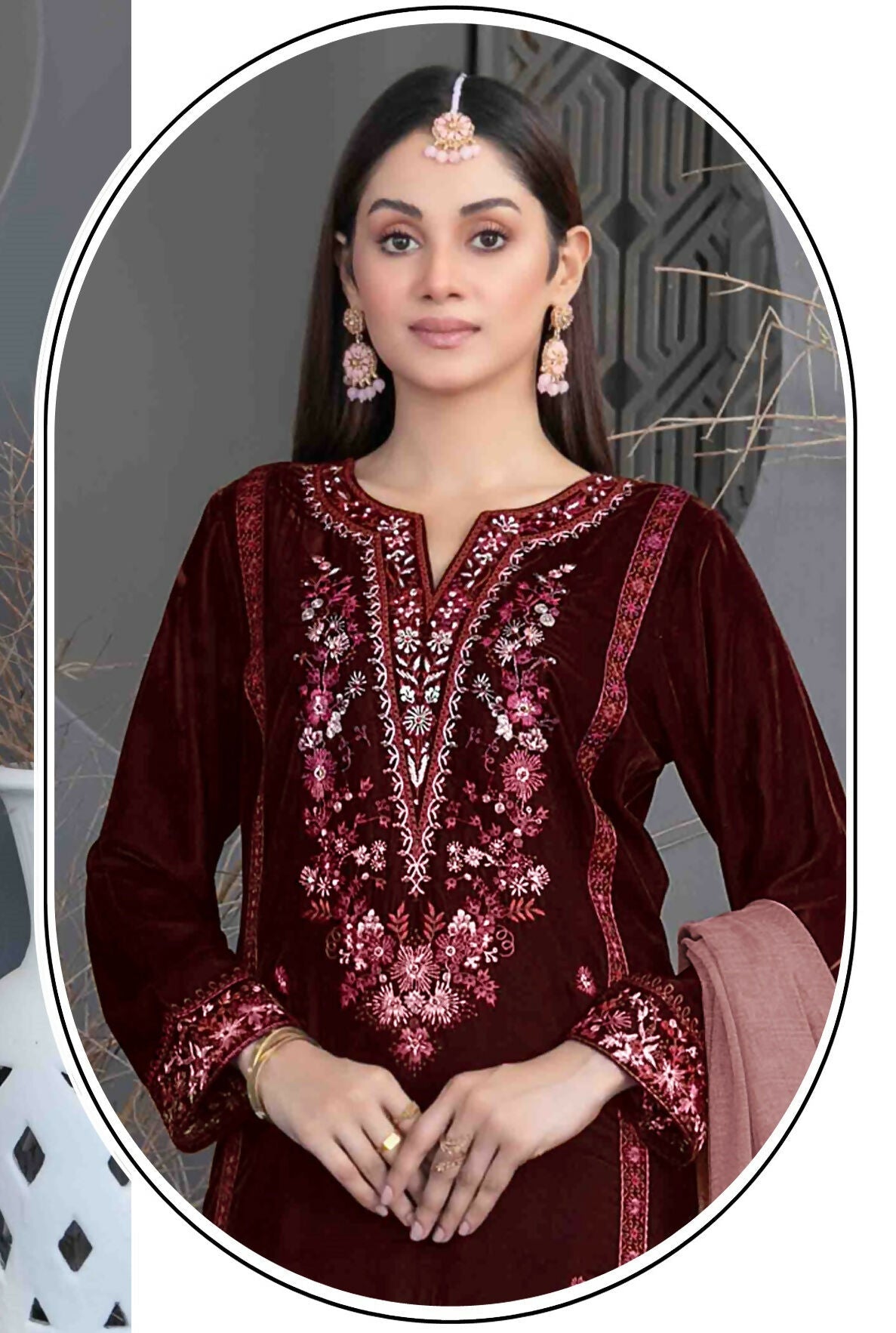 Anaita Maroon Velvet Suit with Embroidery Sequence Work