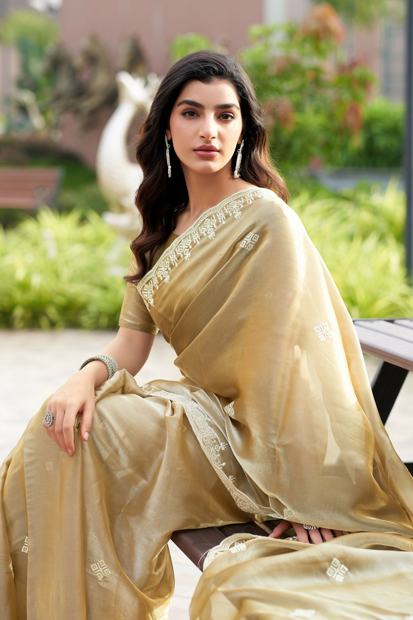 Vastranavya Beige Embroidery Work Shimmer Chiffon Saree with Unstitched Blouse
